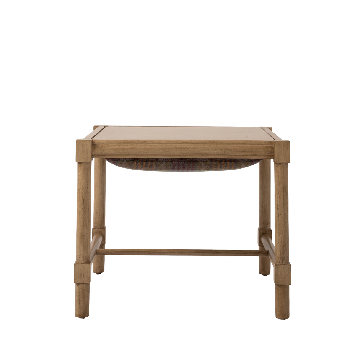 Rear view of the Hank Cocktail Table Ottoman highlighting the natural wood frame and plaid upholstered cushion. Straight wood legs and stretchers create a simple, open silhouette.