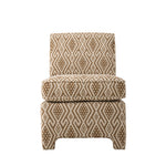 Armless accent chair upholstered in a warm brown and cream geometric fabric. The chair features a cushioned seat, straight upholstered back, and fully upholstered base with curved legs.