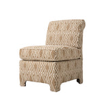 Three-quarter view of the upholstered accent chair, highlighting its armless silhouette, plush seat cushion, and brown and cream geometric pattern. The sculpted upholstered base adds a distinctive shape to the chair.