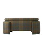 Upholstered bench featuring a muted green plaid fabric with warm rust and brown accents. The bench has a long cushioned seat and substantial rounded upholstered legs at each end.