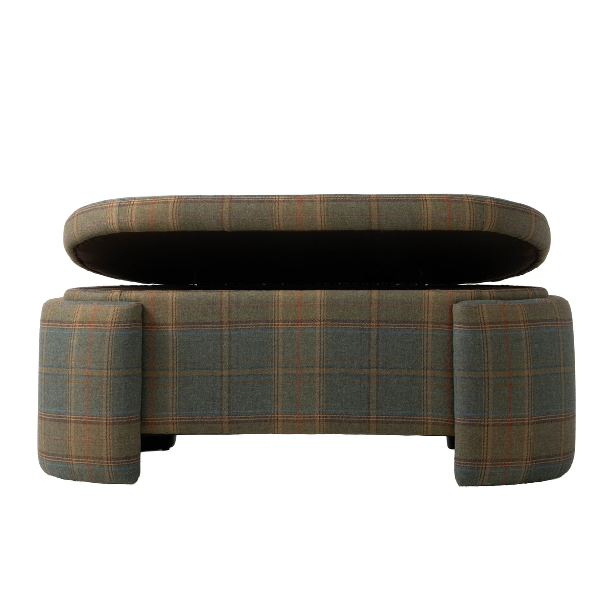 Front view of the upholstered plaid bench with its hinged seat lifted to reveal a hidden storage compartment. The bench features muted green, brown, and rust plaid upholstery with substantial rounded legs at each end.