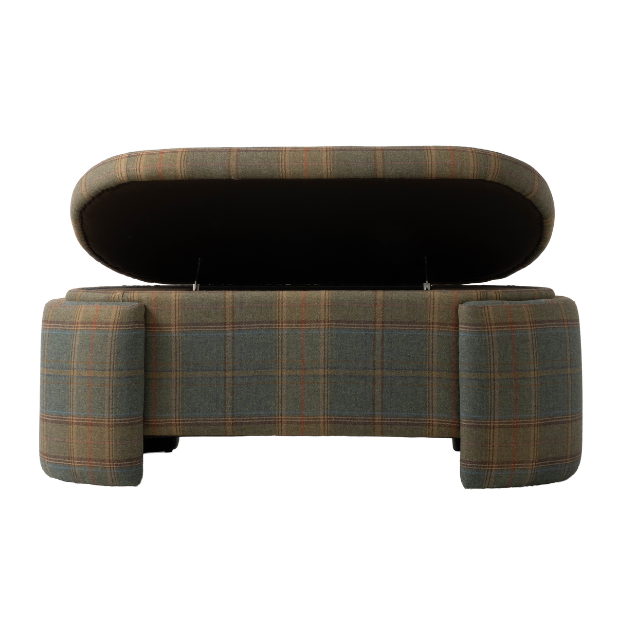 Front view of the upholstered plaid bench with its hinged seat lifted to reveal a hidden storage compartment. The bench features muted green, brown, and rust plaid upholstery with substantial rounded legs at each end.