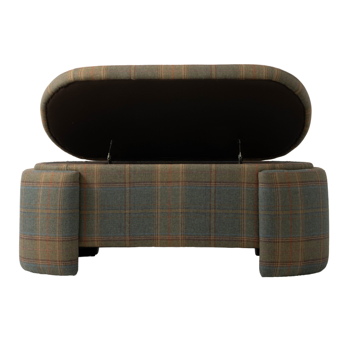 Front view of the upholstered plaid bench with its hinged seat lifted to reveal a hidden storage compartment. The bench features muted green, brown, and rust plaid upholstery with substantial rounded legs at each end.
