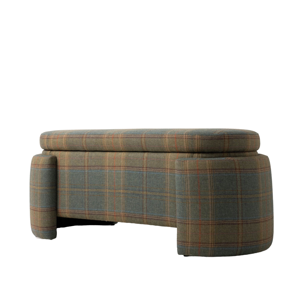 Three-quarter view of the upholstered bench featuring a thick cushioned seat and sculptural rounded legs. The bench is covered in a muted green and brown plaid fabric accented with fine rust-colored lines.