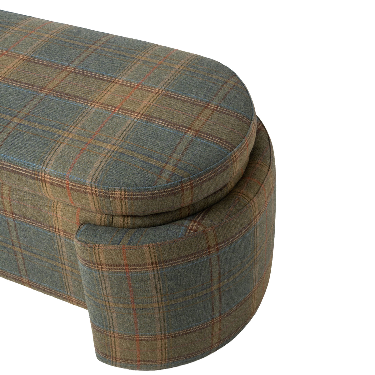 Close-up of the bench highlighting its rounded cushioned seat, curved upholstered leg, and tailored construction. The textured plaid fabric features muted green and blue tones with warm brown and rust accents.