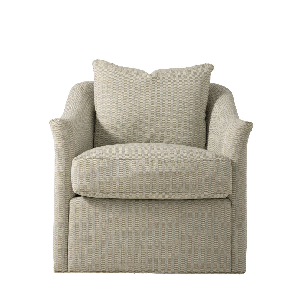 Upholstered armchair featuring softly curved arms, a plush seat cushion, and a loose back pillow. The chair is covered in a light cream fabric with a subtle woven geometric texture.