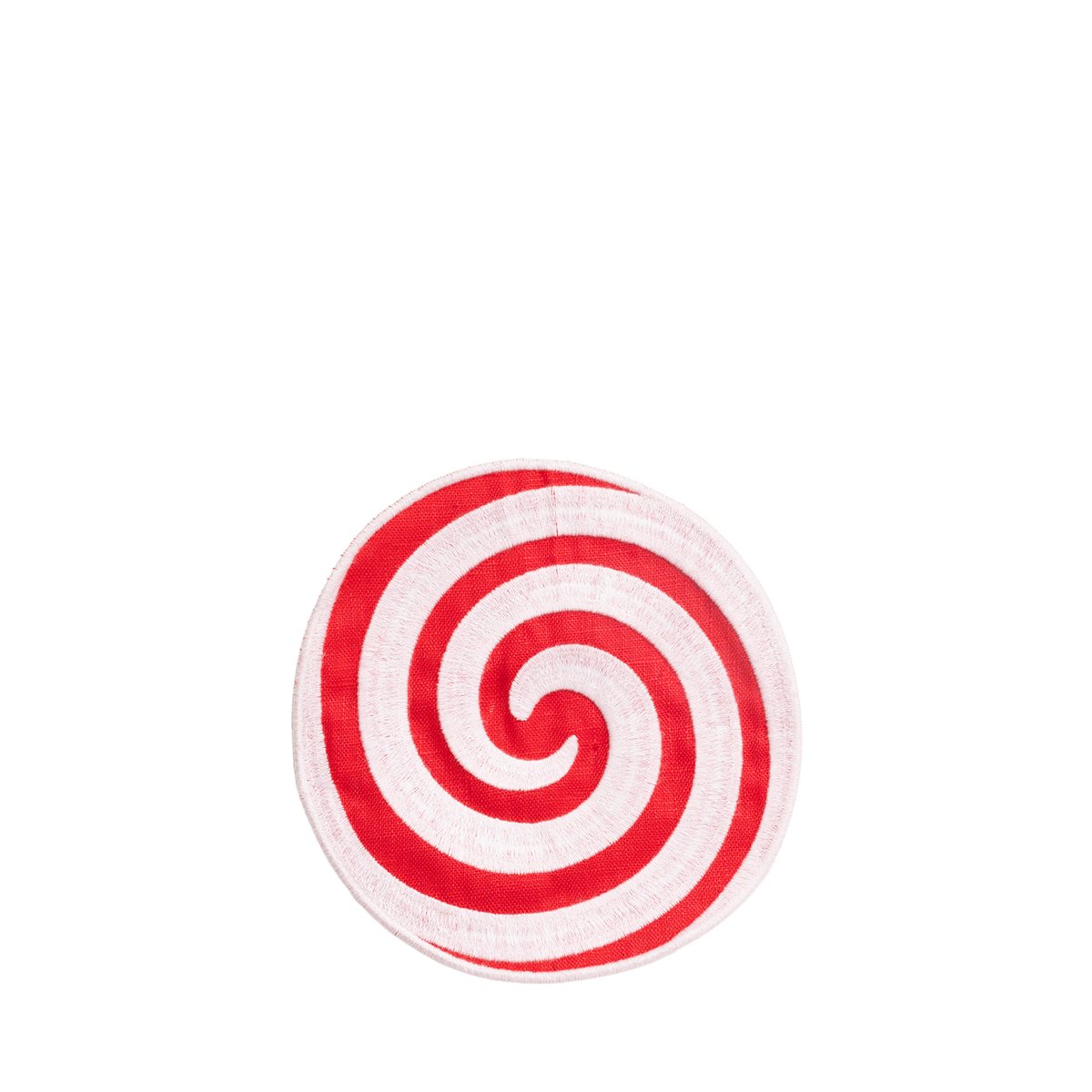 A round cocktail napkin featuring a red and white spiral candy lollipop pattern, shown on a solid white background