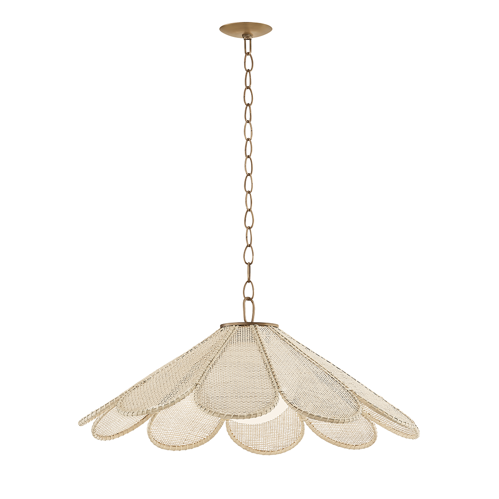 A modern pendant light fixture with a textured, woven beige shade made of overlapping petal-like segments, suspended from a gold-toned chain and ceiling canopy against a solid white background.