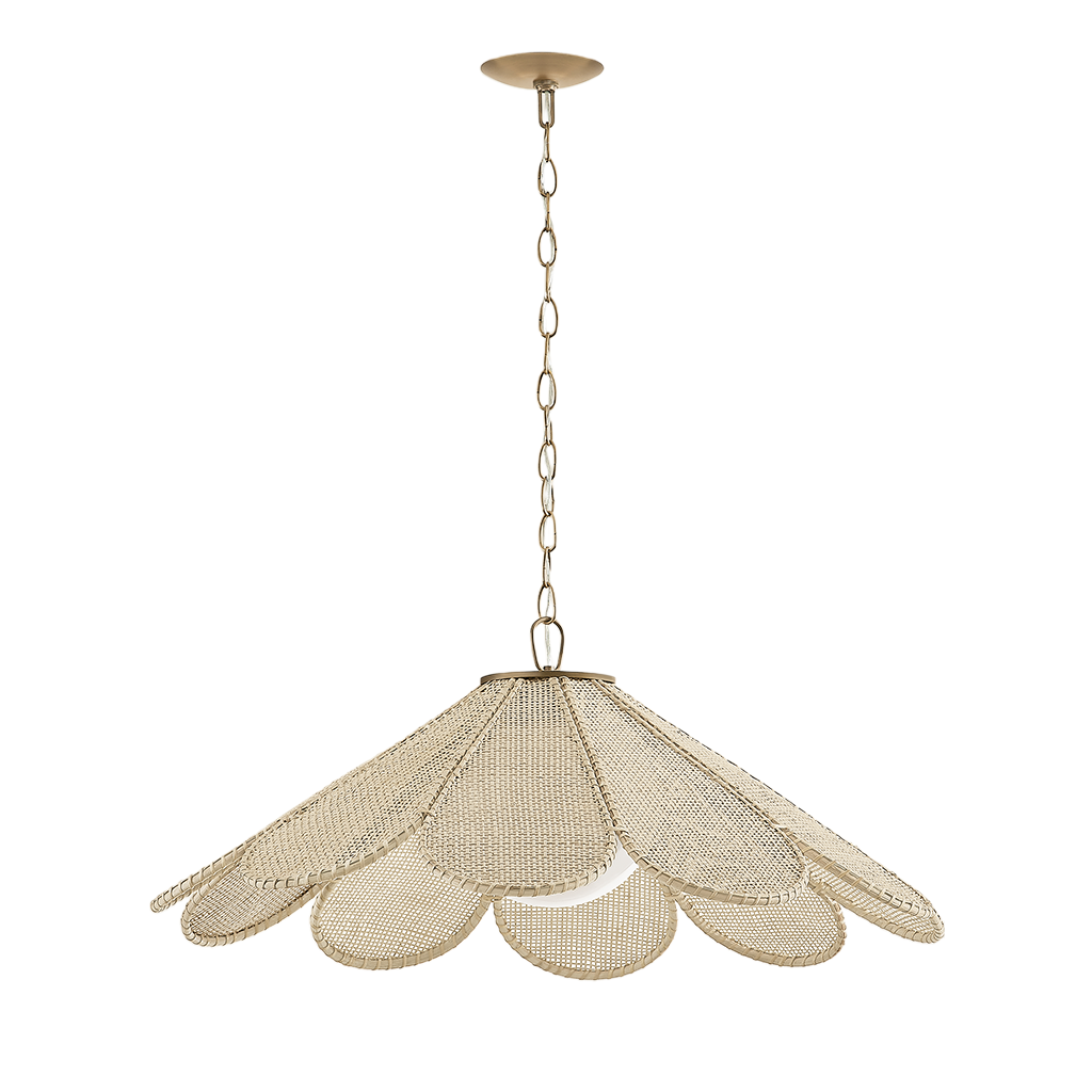 A modern pendant light fixture with a wide, scalloped shade made of woven natural fiber, suspended from a matching chain and canopy against a solid white background.