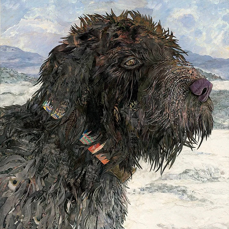 Artistic depiction of a large, shaggy dog with a scenic background