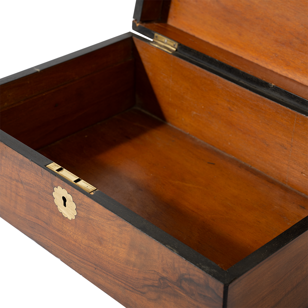 Wooden box with brass lock on a white background
