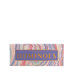 Box of dominoes with colorful pattern on a white background