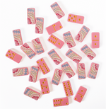 Set of pink and multicolored dominoes on a white background