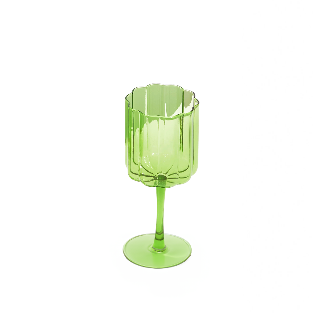 Green wine glass with wavy scalloped rim