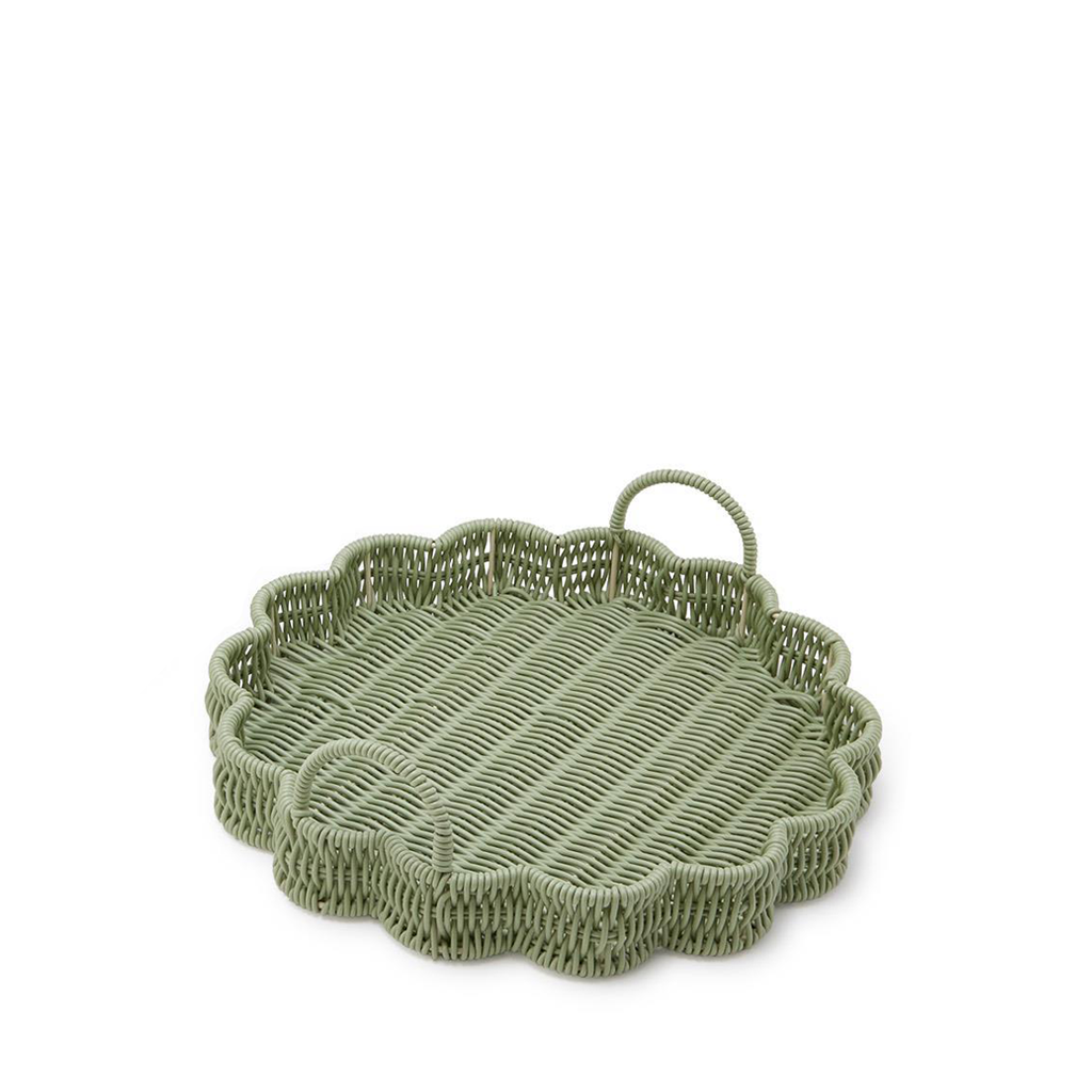 Green woven tray on a white background