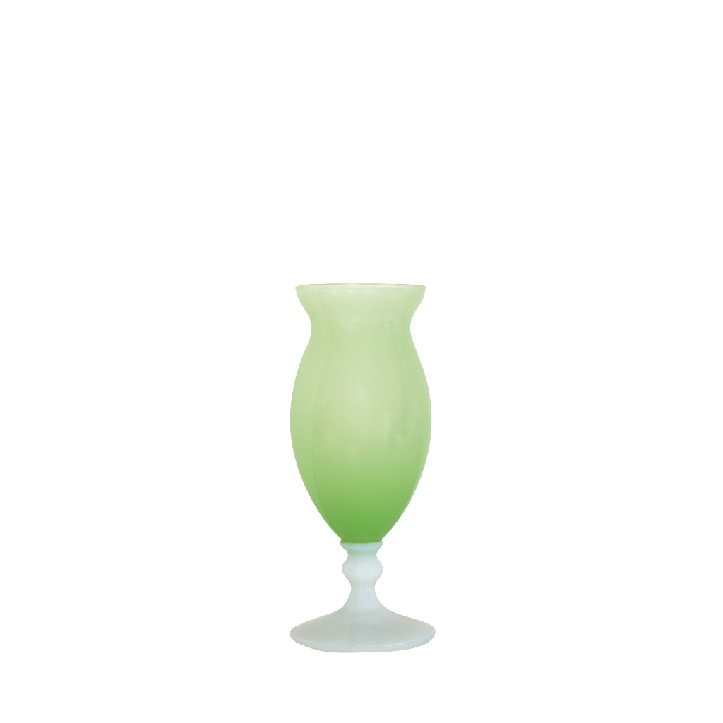 Frosted light green opaline glass vase with rounded body and flared rim on a short pedestal base.