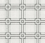 White upholstery fabric with a black grid pattern featuring stitched intersecting squares and small diamond details.