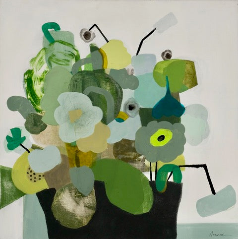 Abstract artwork with green and yellow flowers in a pot on a white background