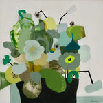 Abstract artwork with green and yellow flowers in a pot on a white background