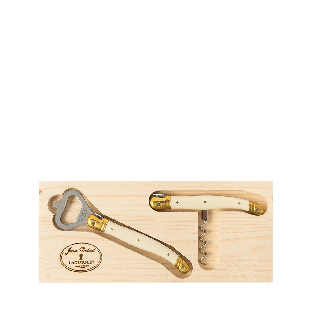 Set of bottle opener and corkscrew with wooden handle in a box on a white background