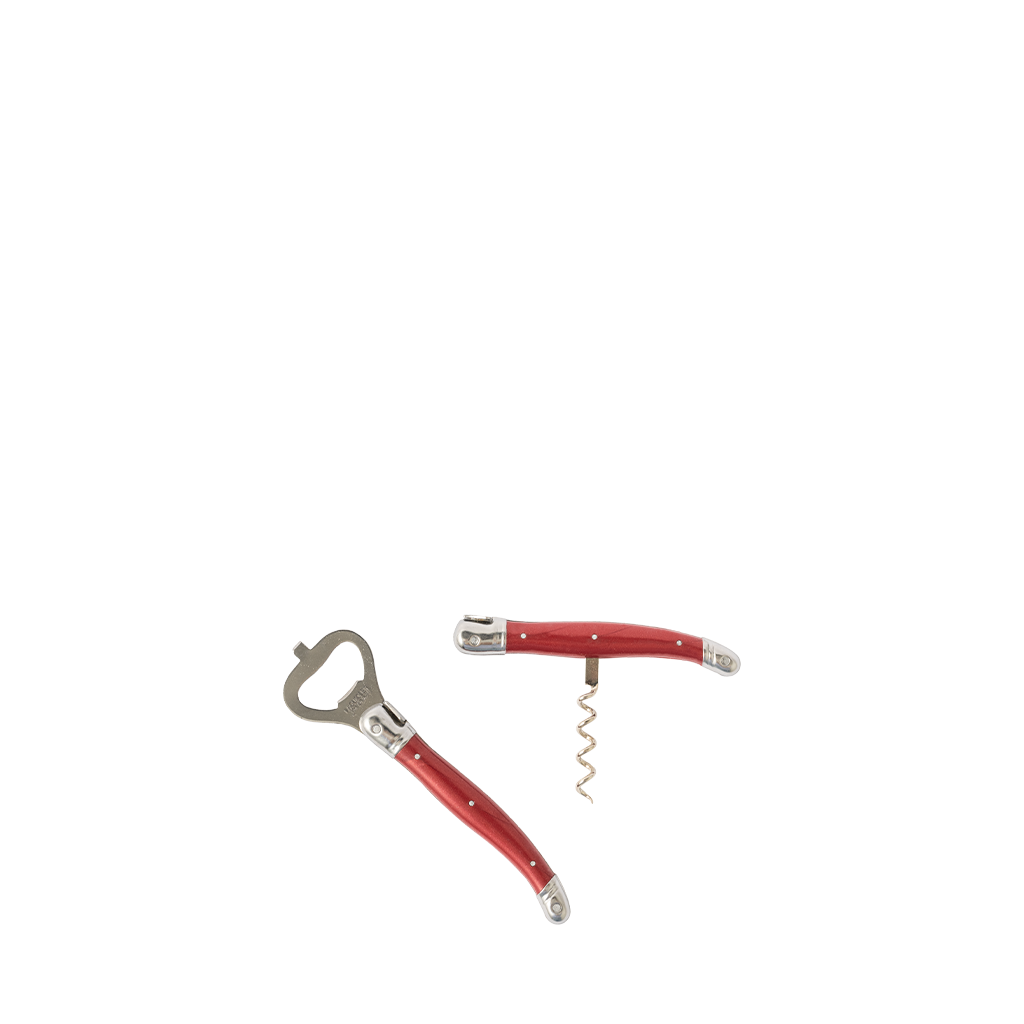 Red corkscrew with bottle opener on a white background