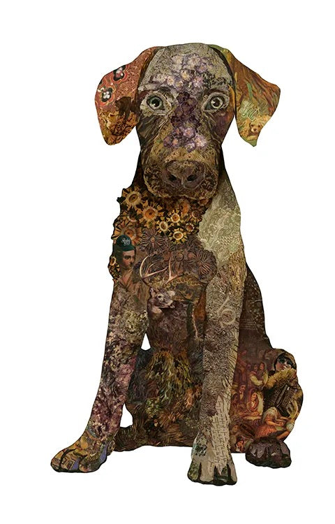 Archival print on paper of a chocolate lab puppy made up of small pieces of paper