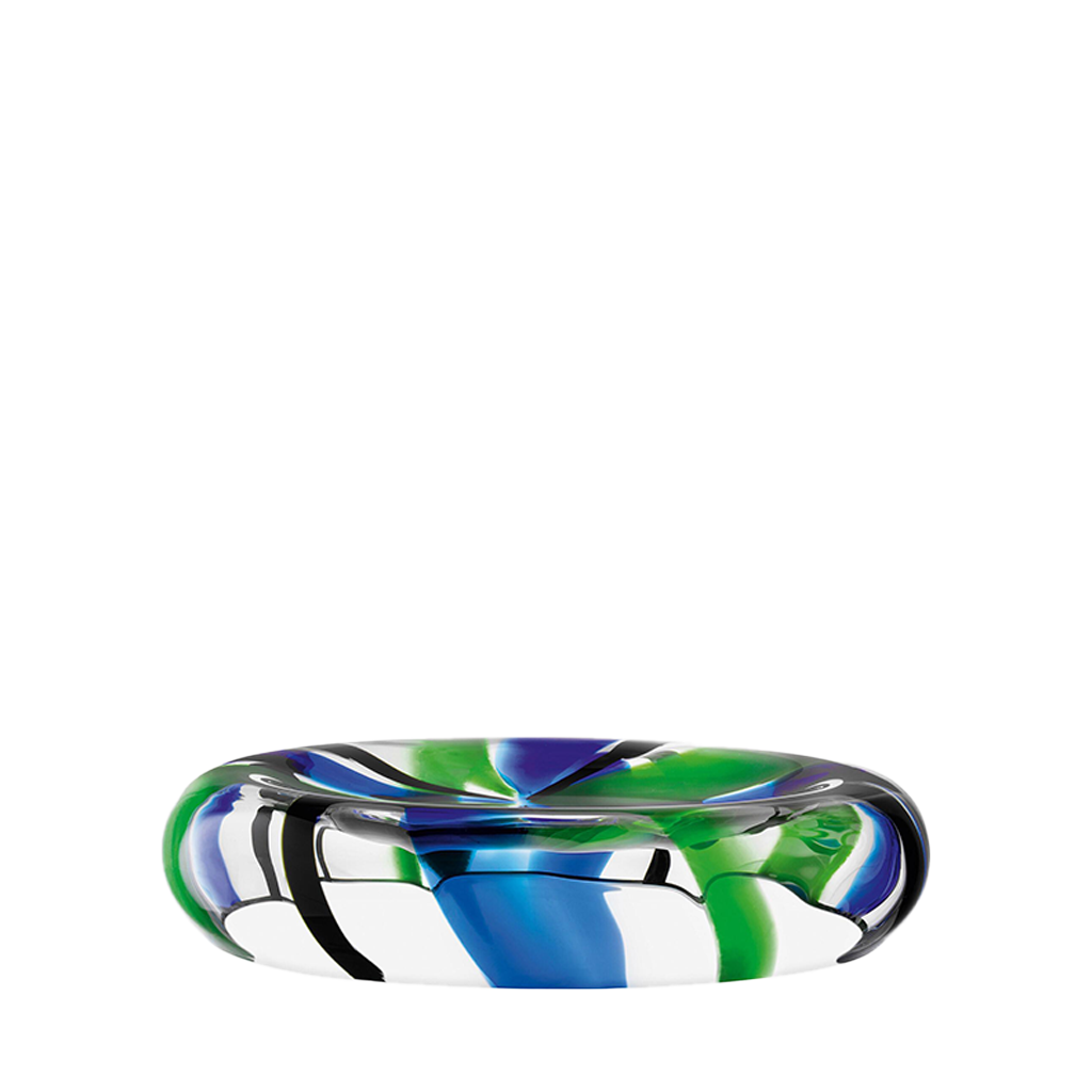 Colorful glass bowl with blue, green, and white swirls on a white background