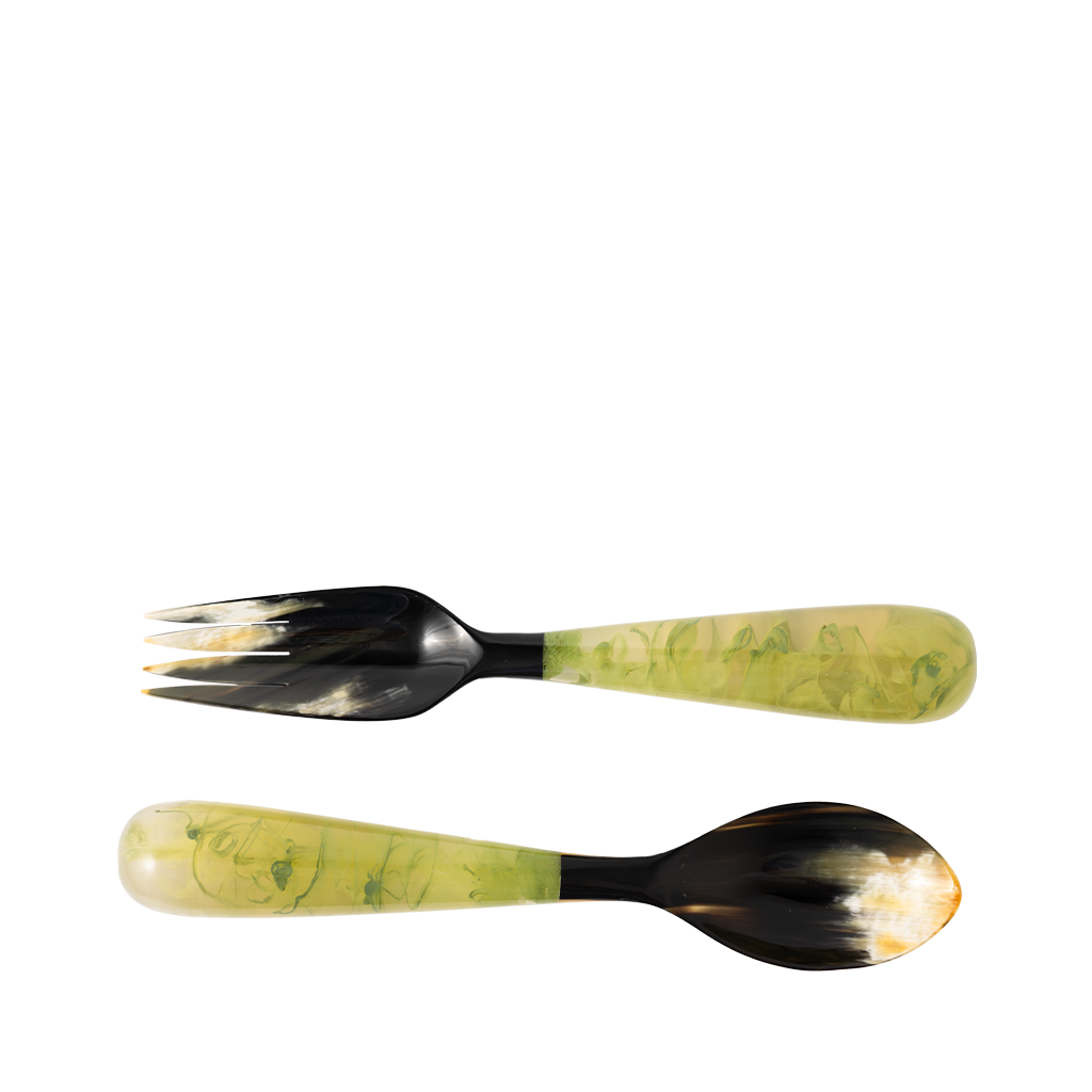 Spoon and fork set with green and black handles on a white background