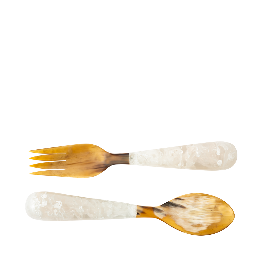 Set of two wooden cutlery items, a spoon and a fork, on a white background.