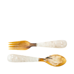 Set of two wooden cutlery items, a spoon and a fork, on a white background.