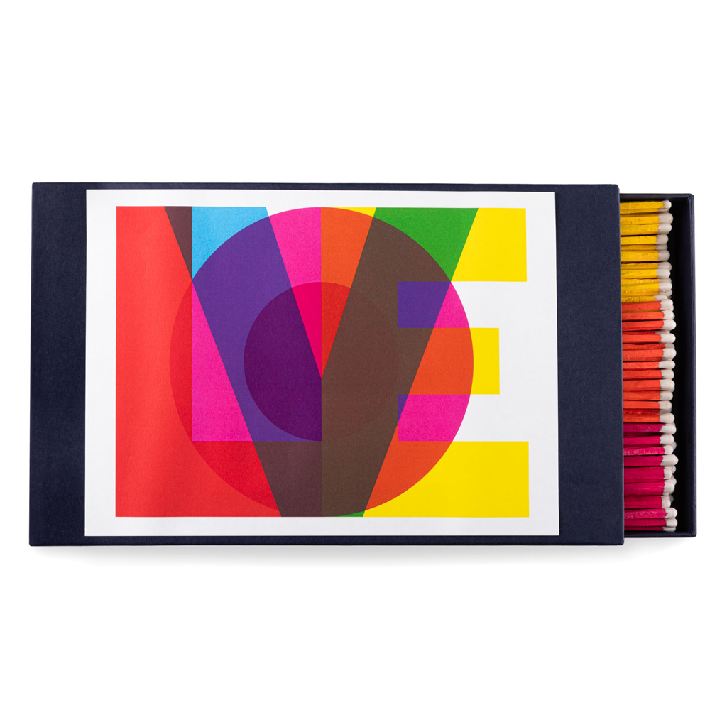 Giant match box with colored 'LOVE' in big boxy letters on front