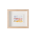 A small framed abstract watercolor painting with soft pastel bands in blue, pink, orange, and yellow, mounted in a light natural wood frame with a white mat against a white background.