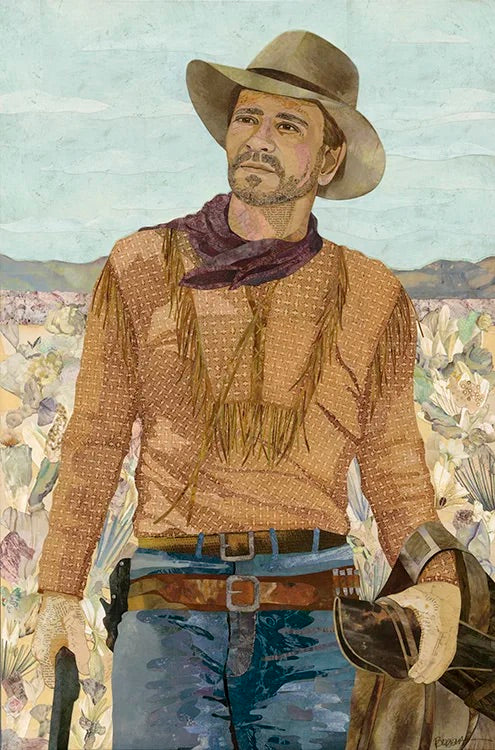 A painted portrait of a cowboy standing outdoors, wearing a wide-brim hat, tan fringed shirt, blue jeans, brown belt, and a dark scarf, with a light sky and pale landscape in the background.