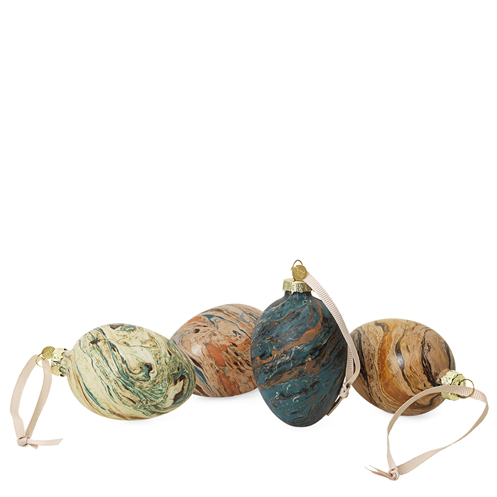 A set of four hand marbled glass Easter eggs in various shades, each with a loop for hanging, displayed against a white background.