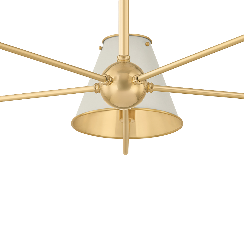 A modern chandelier with a brushed gold metal frame and a white fabric cone shade, shown against a plain white background.