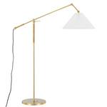 A modern floor lamp with a gold-finished adjustable metal stand, a white pleated conical shade, and a black power cord, shown on a plain white background.