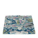 Blue tablecloth with detailed floral and mountain patterns in pink, white, and green tones, folded at the corner revealing.