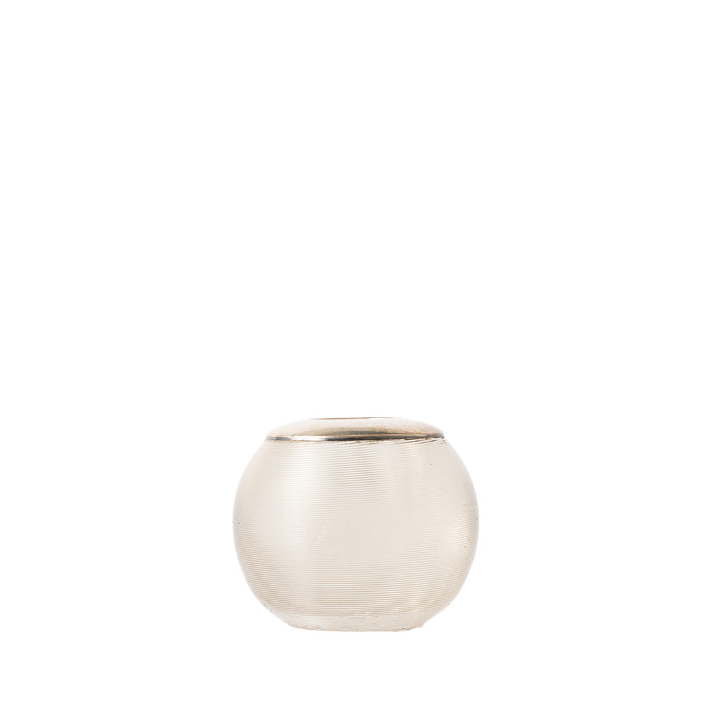 A small round frosted glass match holder or vase with a textured surface and a polished metallic rim, shown against a plain white background.