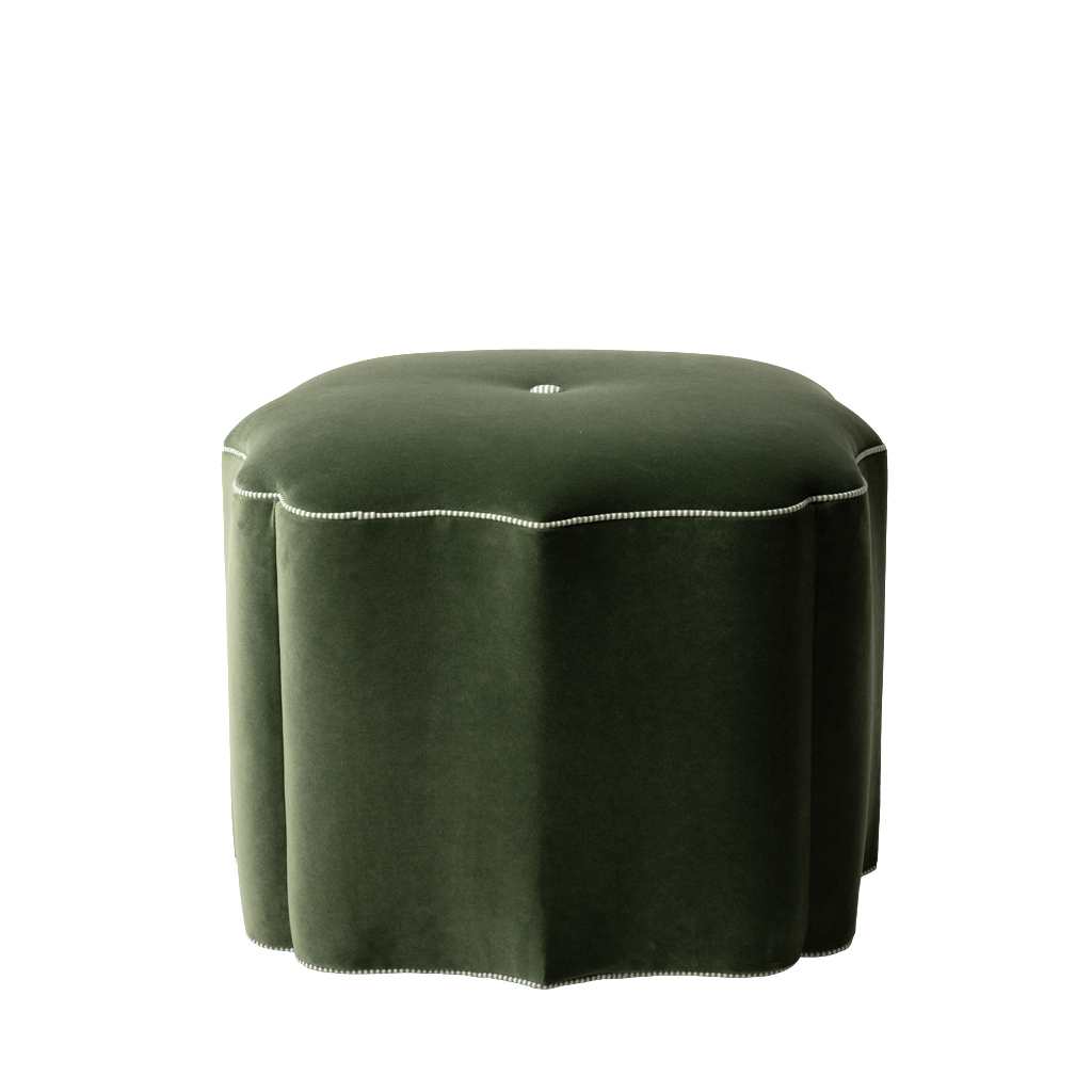 Green upholstered ottoman with green and white trim
