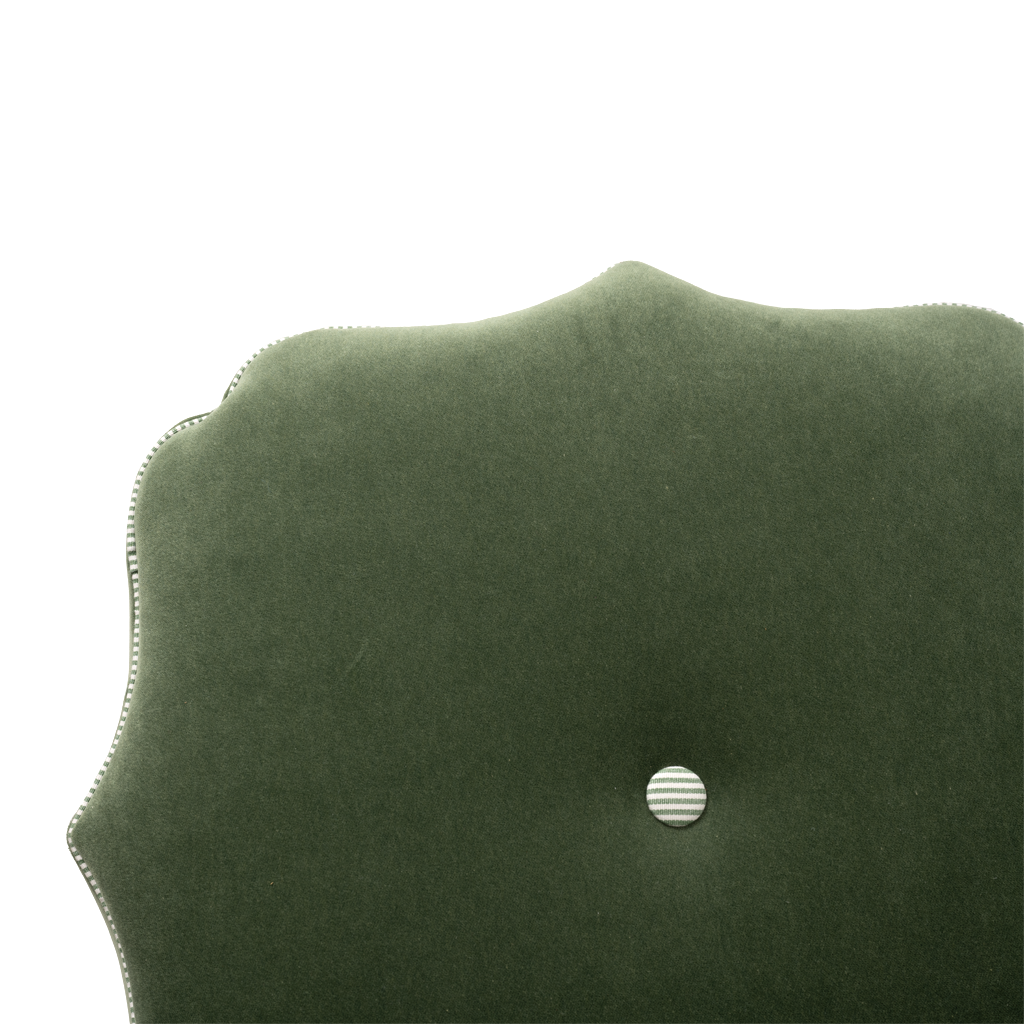 Green upholstered ottoman with green and white trim