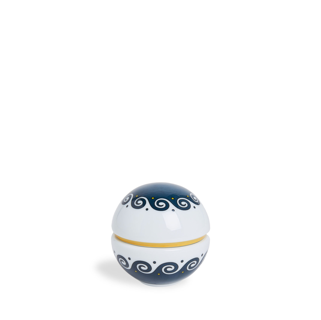 Round salt dish with white and blue wave design