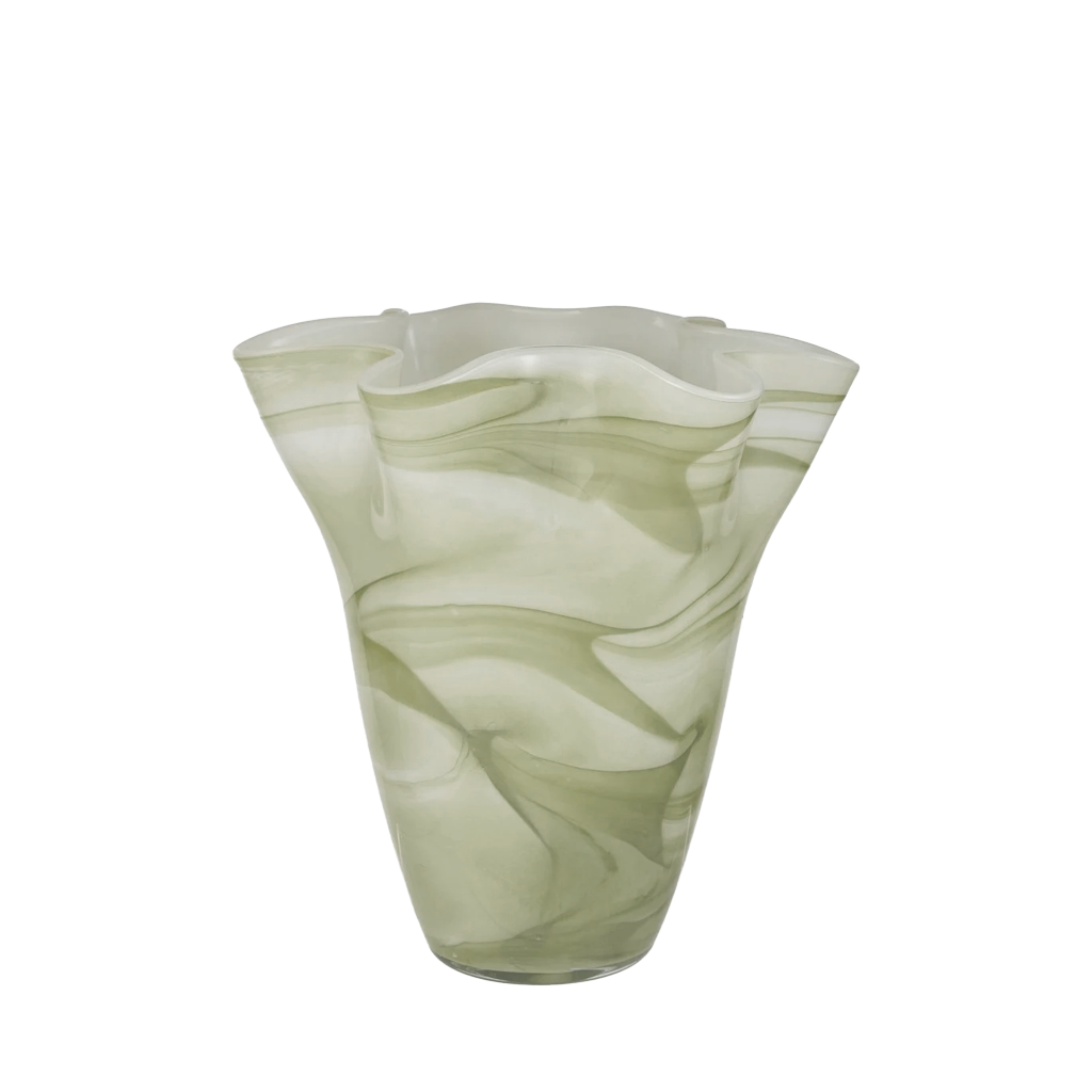 Green glass vase with swirling pattern on a white background