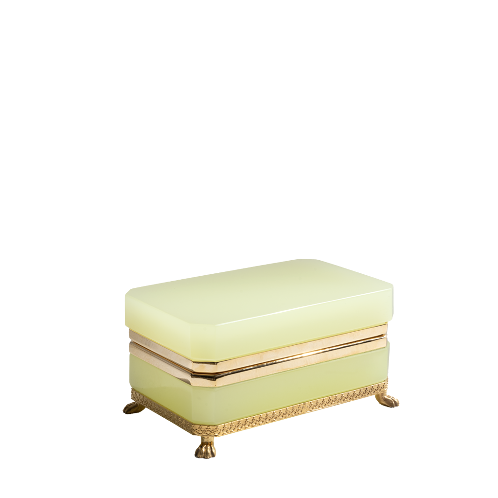 Light green jewelry box with gold accents on a white background