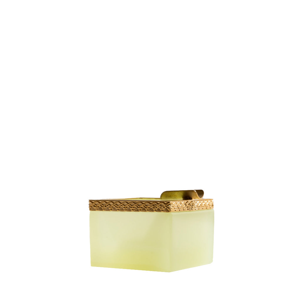The Petite Antique Opaline Tray in citron features a translucent pale yellow rectangular base with a gold textured metal top, perfect as a vintage collectible, displayed on a plain white background.