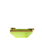 A small, rectangular lime-green opaline glass box with a gold rim and hinge sits on a plain white background—an elegant piece echoing the style of the Antique Opaline Tray, Lime.