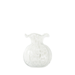 Clear glass vase with white decorative patterns on a white background