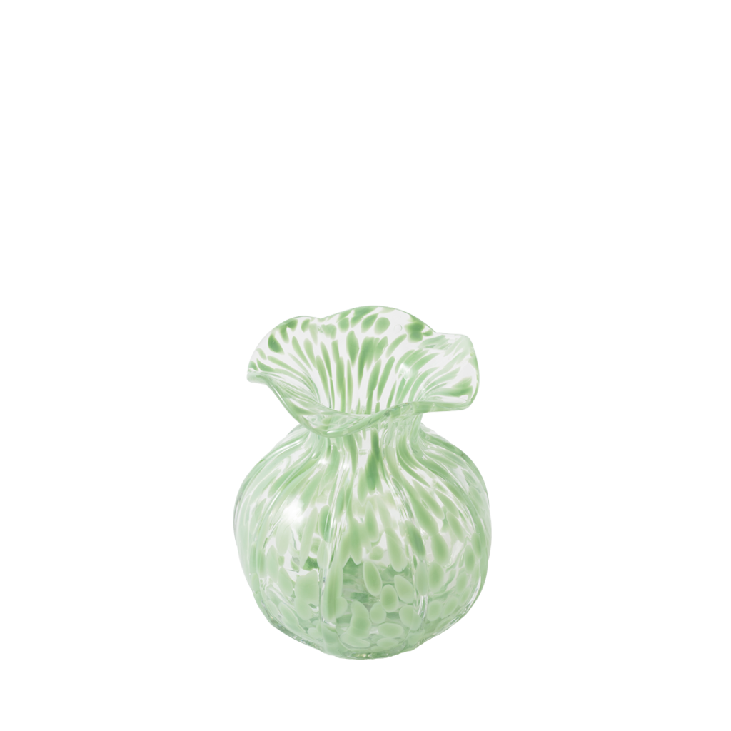 Clear vase with green speckled design and wavy texture