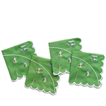 Four green cloth napkins with scalloped white edges, printed with a golf course and golf cart theme, arranged on a white background.