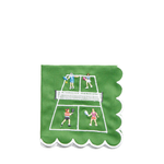 A square green napkin with scalloped edges, featuring an embroidered tennis court design with players in colorful outfits on a white background.