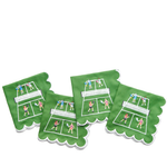 Four green square napkins with scalloped edges, printed with a tennis court and player design, arranged on a white background.